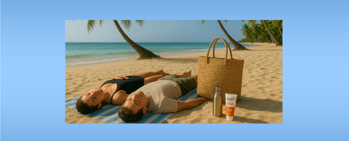 A couple lying on the beach, with palm trees in the distanc. Next to them is a woven straw bag and some Human Nature Sunscreen