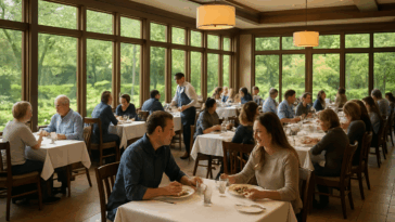 A Busy restaurant full of people sat at square tables with white tableclothes