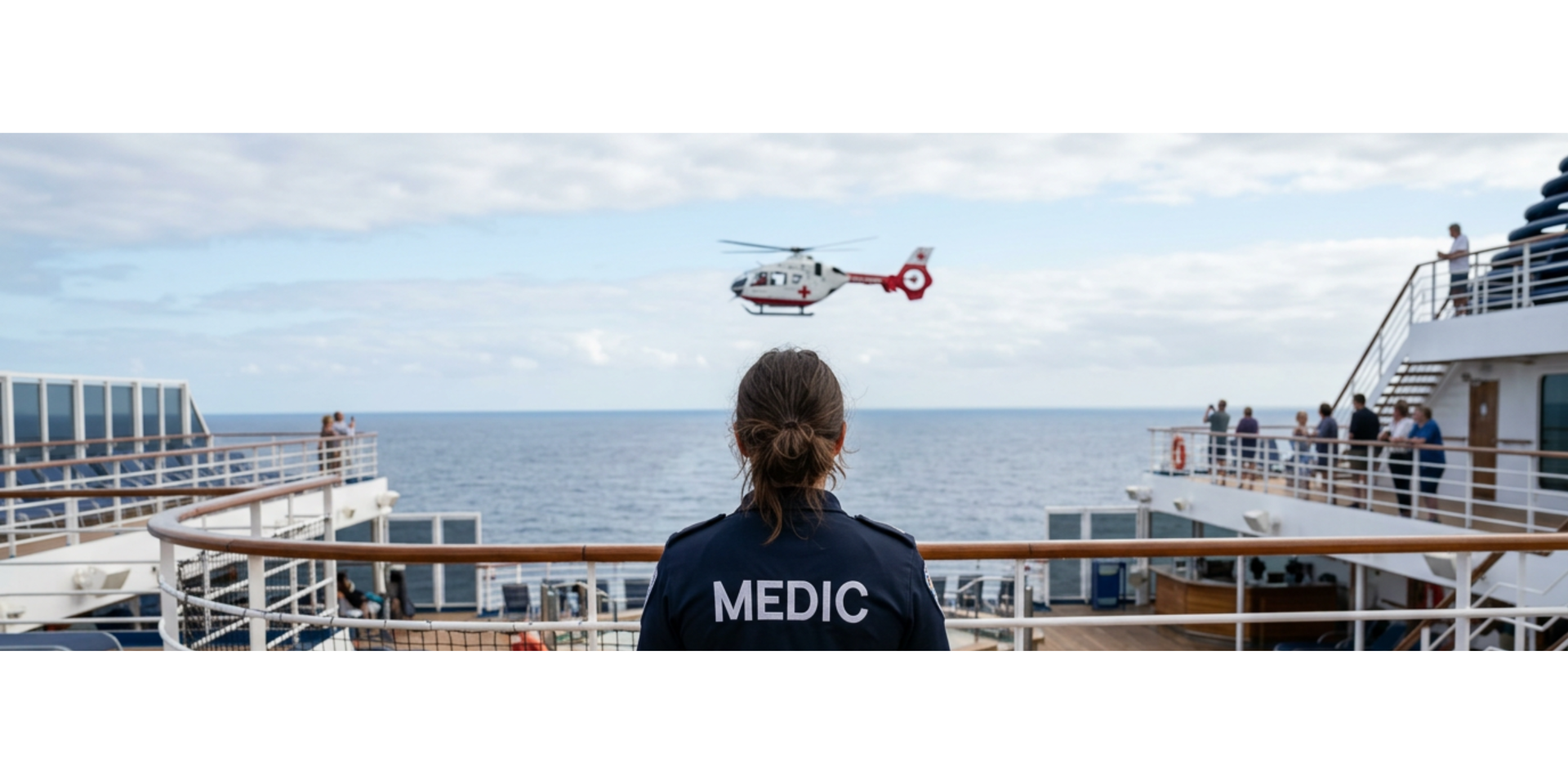 Photo of a medic in a blue uniform on the deck of a cruise ship, looking at a medic helicopter getting ready to land for a medical emergency on a cruise ship