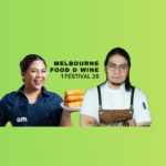 Filipino Food, Global Dreams Abi Marquez interview. Green background with photo of Abi Marquez holding a plate of Lumpia